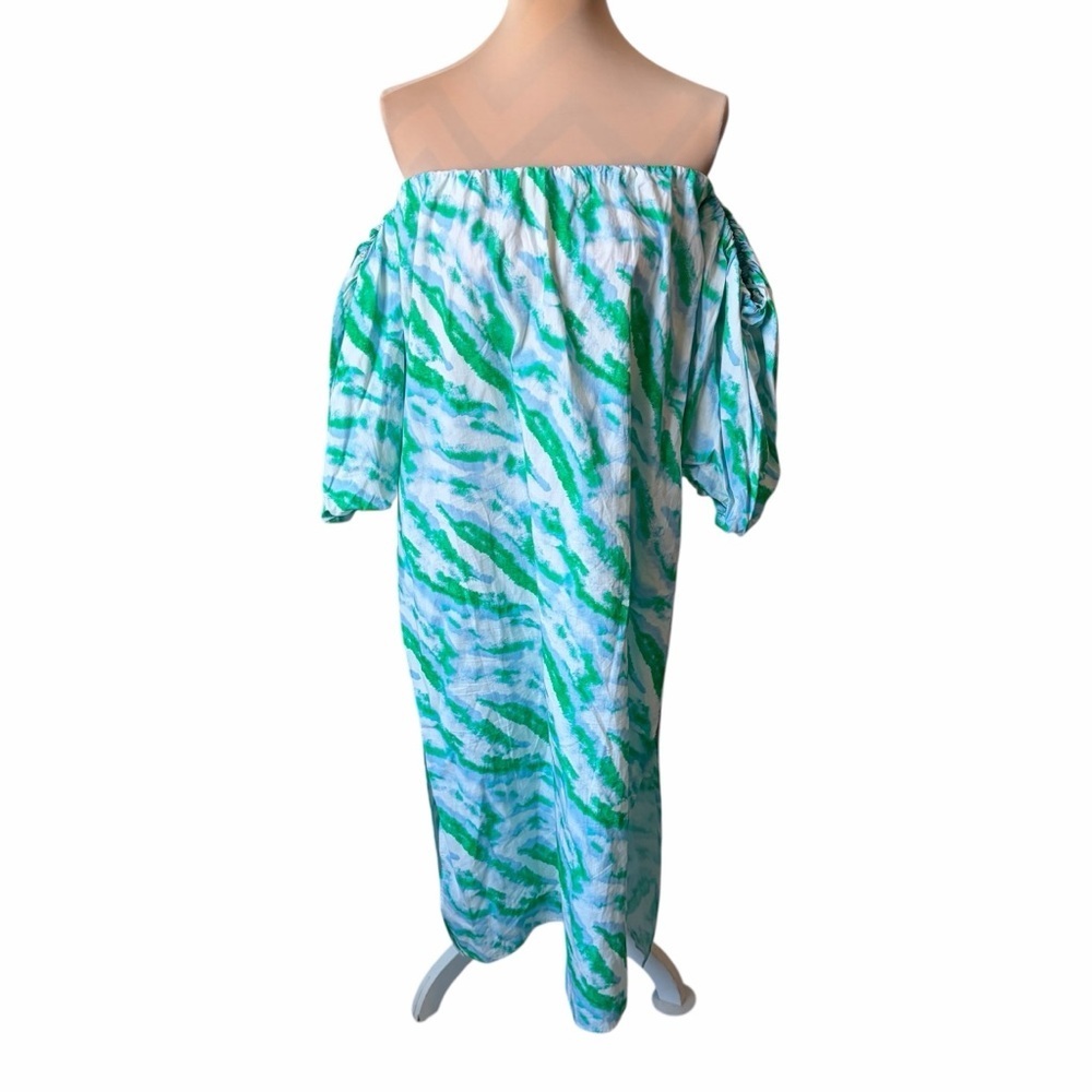 London Label Green White Off Shoulder Midi Dress Size 10 Tropical Resort Vacatio